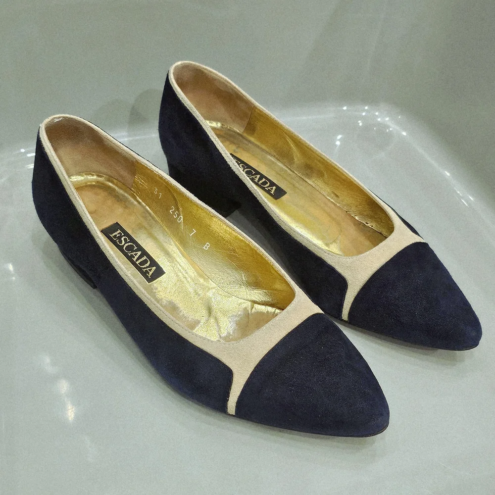 Vintage 90's ESCADA Navy & Cream Suede Flats